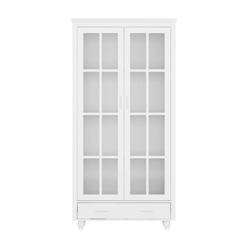 Bibliothèque haute blanche avec 2 portes vitrées, étagères réglables et tiroir – 180 cm H