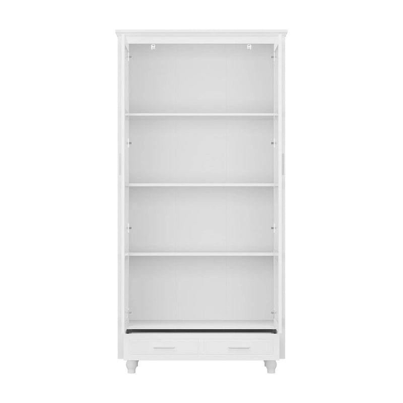 Bibliothèque haute blanche avec 2 portes vitrées, étagères réglables et tiroir – 180 cm H