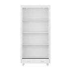 Bibliothèque haute blanche avec 2 portes vitrées, étagères réglables et tiroir – 180 cm H