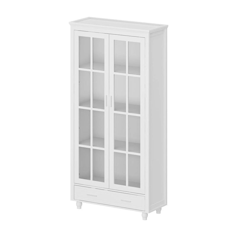 Bibliothèque haute blanche avec 2 portes vitrées, étagères réglables et tiroir – 180 cm H