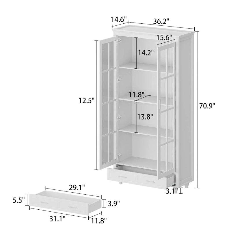 Bibliothèque haute blanche avec 2 portes vitrées, étagères réglables et tiroir – 180 cm H
