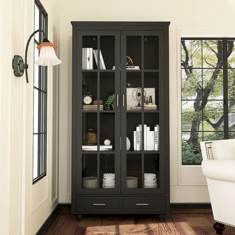 Bibliothèque haute blanche avec 2 portes vitrées, étagères réglables et tiroir – 180 cm H