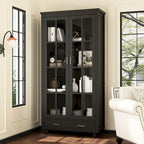 Bibliothèque haute blanche avec 2 portes vitrées, étagères réglables et tiroir – 180 cm H