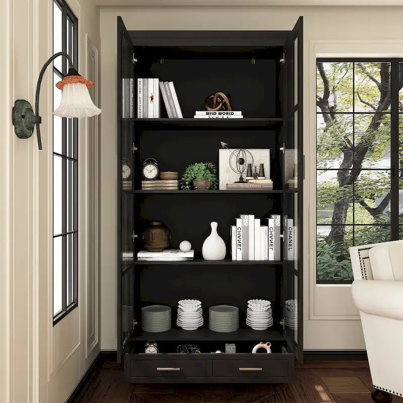 Bibliothèque haute blanche avec 2 portes vitrées, étagères réglables et tiroir – 180 cm H
