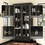 Bibliothèque haute blanche avec 2 portes vitrées, étagères réglables et tiroir – 180 cm H