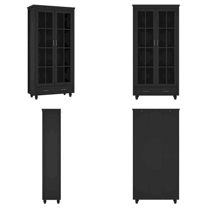 Bibliothèque haute blanche avec 2 portes vitrées, étagères réglables et tiroir – 180 cm H