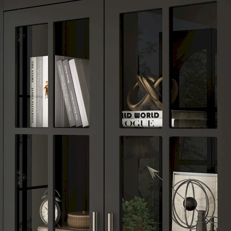 Bibliothèque haute blanche avec 2 portes vitrées, étagères réglables et tiroir – 180 cm H