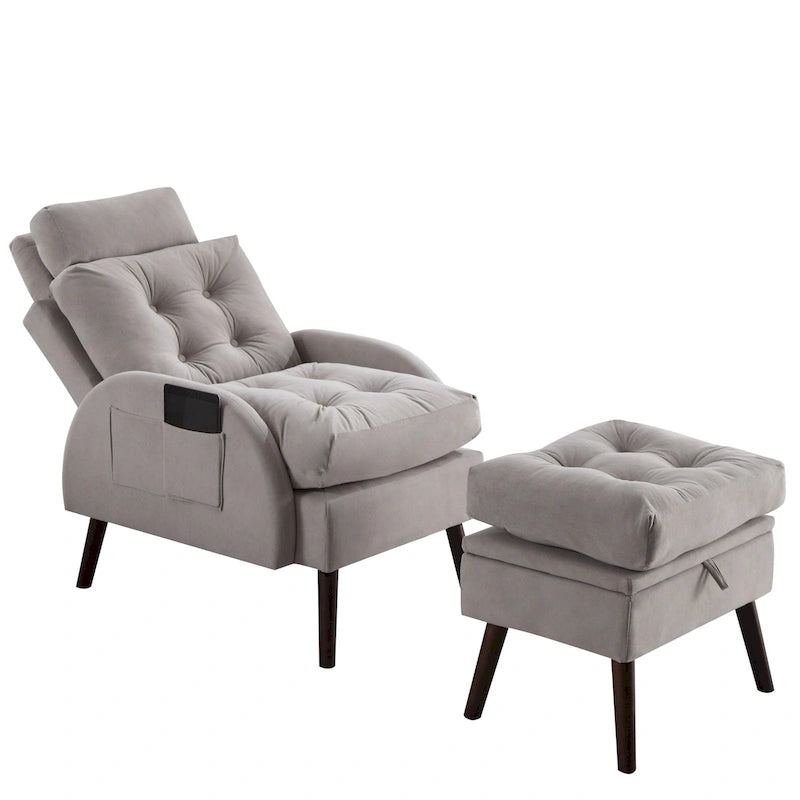 Chaise longue en velours gris/beige/gris foncé avec dossier réglable et pouf de rangement – Individuel