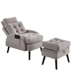 Chaise longue en velours gris/beige/gris foncé avec dossier réglable et pouf de rangement – Individuel