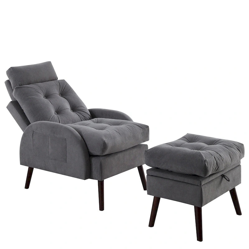 Chaise longue en velours gris/beige/gris foncé avec dossier réglable et pouf de rangement – Individuel