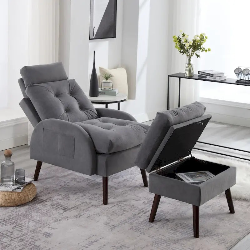 Chaise longue en velours gris/beige/gris foncé avec dossier réglable et pouf de rangement – Individuel