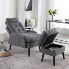 Chaise longue en velours gris/beige/gris foncé avec dossier réglable et pouf de rangement – Individuel