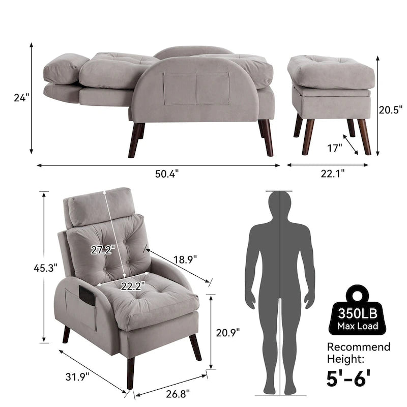 Chaise longue en velours gris/beige/gris foncé avec dossier réglable et pouf de rangement – Individuel