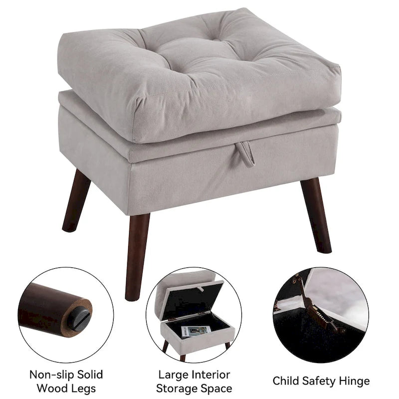 Chaise longue en velours gris/beige/gris foncé avec dossier réglable et pouf de rangement – Individuel