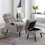 Chaise longue en velours gris/beige/gris foncé avec dossier réglable et pouf de rangement – Individuel