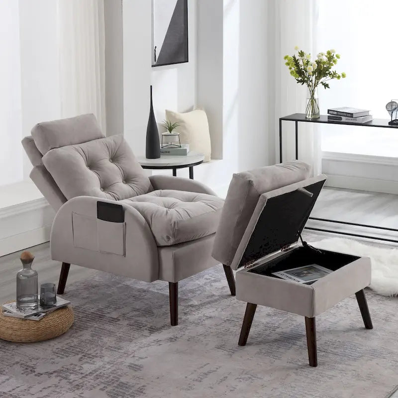 Chaise longue en velours gris/beige/gris foncé avec dossier réglable et pouf de rangement – Individuel
