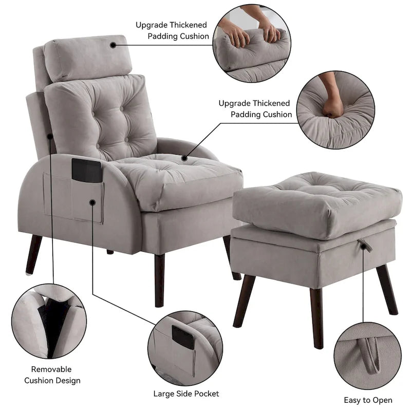 Chaise longue en velours gris/beige/gris foncé avec dossier réglable et pouf de rangement – Individuel