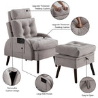 Chaise longue en velours gris/beige/gris foncé avec dossier réglable et pouf de rangement – Individuel