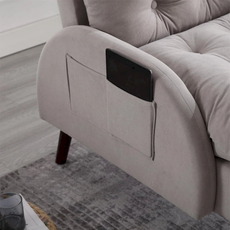 Chaise longue en velours gris/beige/gris foncé avec dossier réglable et pouf de rangement – Individuel