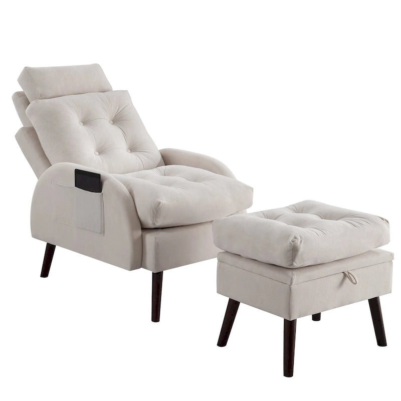 Chaise longue en velours gris/beige/gris foncé avec dossier réglable et pouf de rangement – Individuel