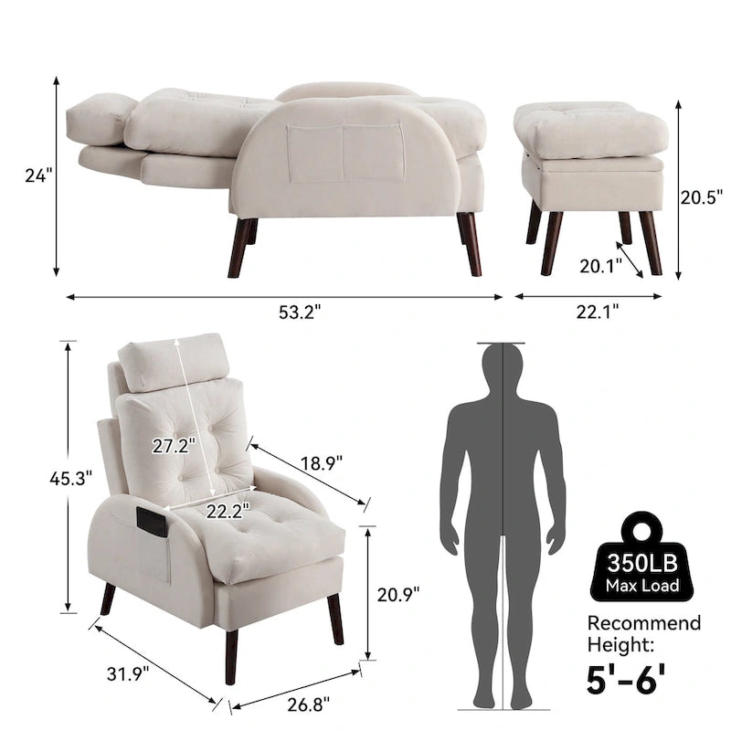 Chaise longue en velours gris/beige/gris foncé avec dossier réglable et pouf de rangement – Individuel