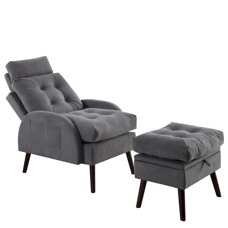 Chaise longue en velours gris/beige/gris foncé avec dossier réglable et pouf de rangement – Individuel