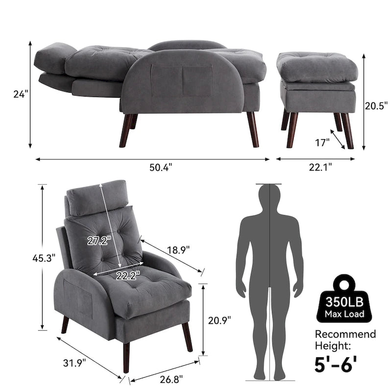 Chaise longue en velours gris/beige/gris foncé avec dossier réglable et pouf de rangement – Individuel
