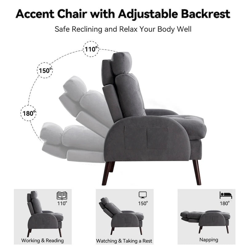 Chaise longue en velours gris/beige/gris foncé avec dossier réglable et pouf de rangement – Individuel