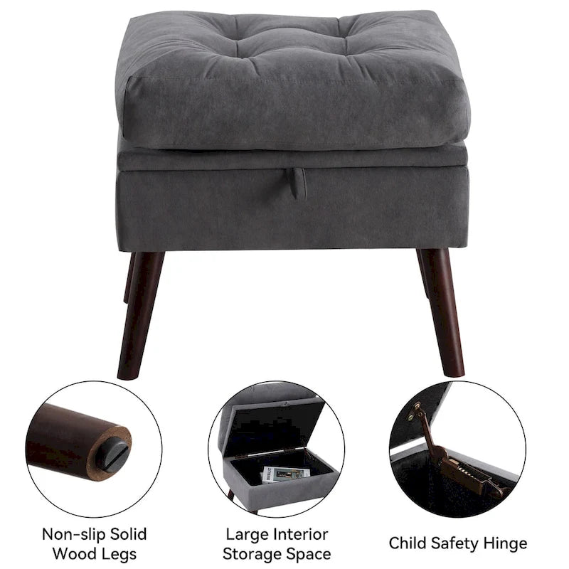 Chaise longue en velours gris/beige/gris foncé avec dossier réglable et pouf de rangement – Individuel