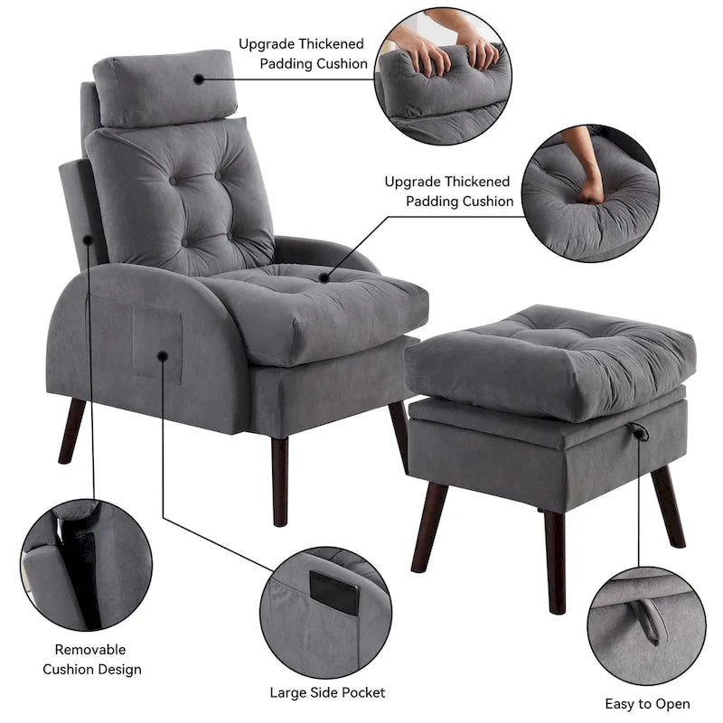 Chaise longue en velours gris/beige/gris foncé avec dossier réglable et pouf de rangement – Individuel