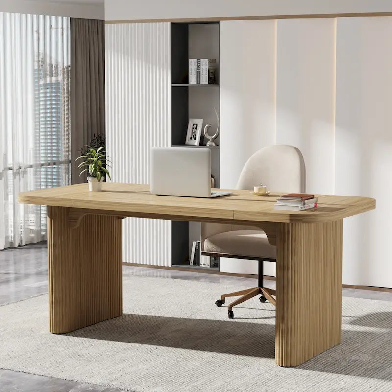 Bureau de direction 160 cm en bois composite naturel/marron avec étagère inférieure et patins – Simple