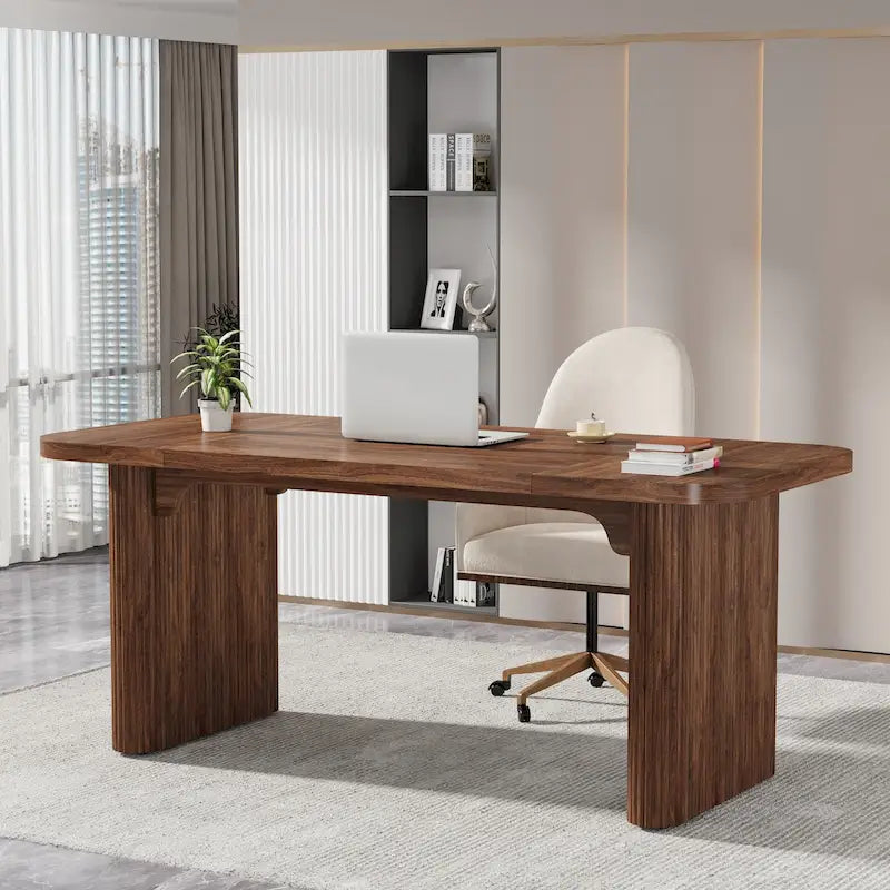 Bureau de direction 160 cm en bois composite naturel/marron avec étagère inférieure et patins – Simple