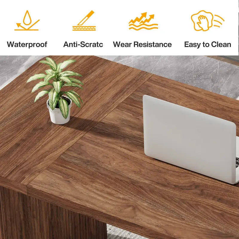 Bureau de direction 160 cm en bois composite naturel/marron avec étagère inférieure et patins – Simple