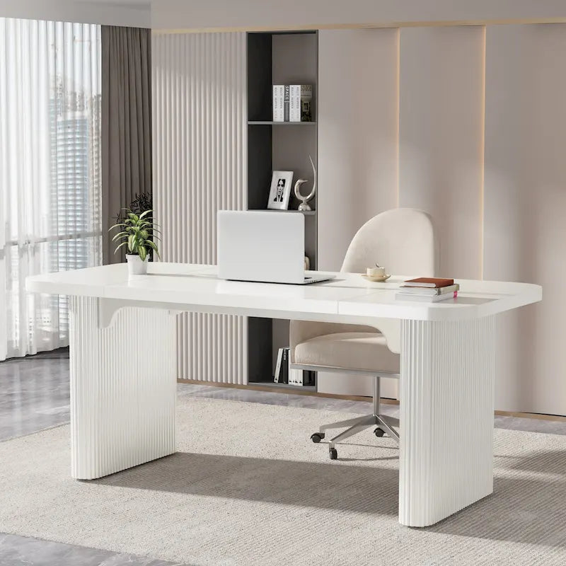 Bureau de direction 160 cm en bois composite naturel/marron avec étagère inférieure et patins – Simple