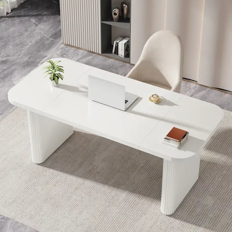Bureau de direction 160 cm en bois composite naturel/marron avec étagère inférieure et patins – Simple