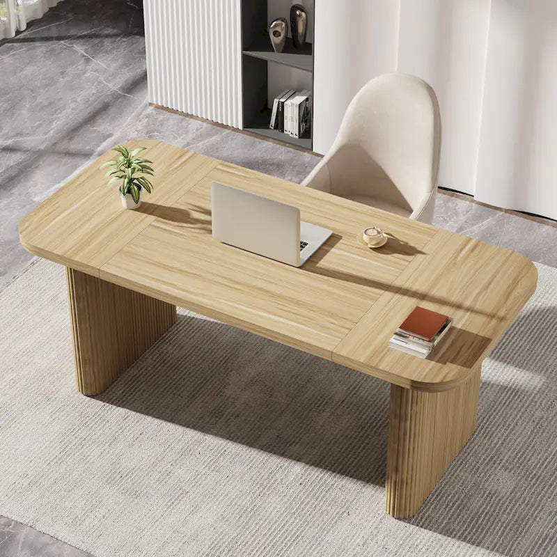 Bureau de direction 160 cm en bois composite naturel/marron avec étagère inférieure et patins – Simple