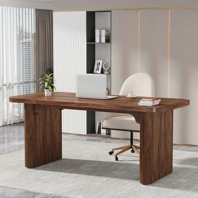 Bureau de direction 160 cm en bois composite naturel/marron avec étagère inférieure et patins – Simple