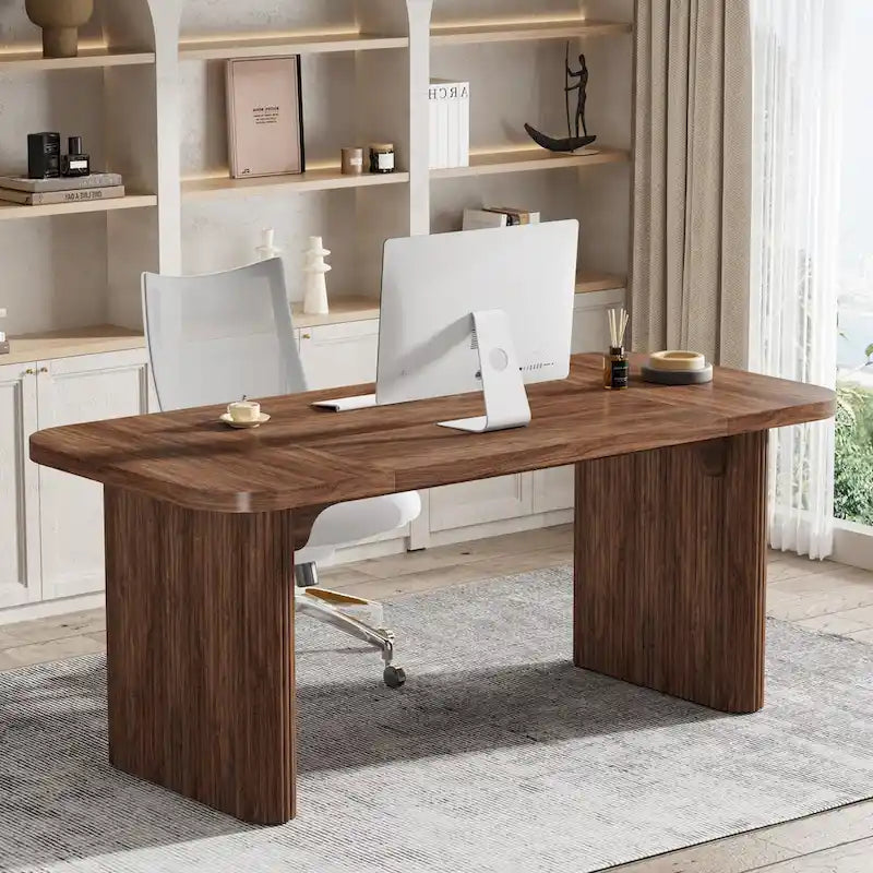 Bureau de direction 160 cm en bois composite naturel/marron avec étagère inférieure et patins – Simple
