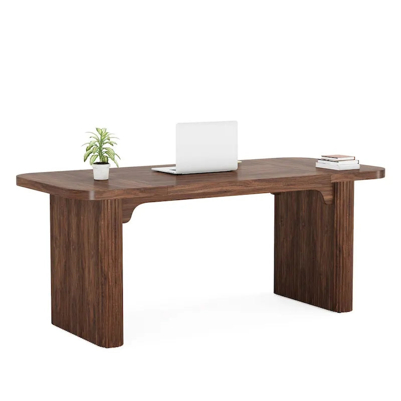 Bureau de direction 160 cm en bois composite naturel/marron avec étagère inférieure et patins – Simple