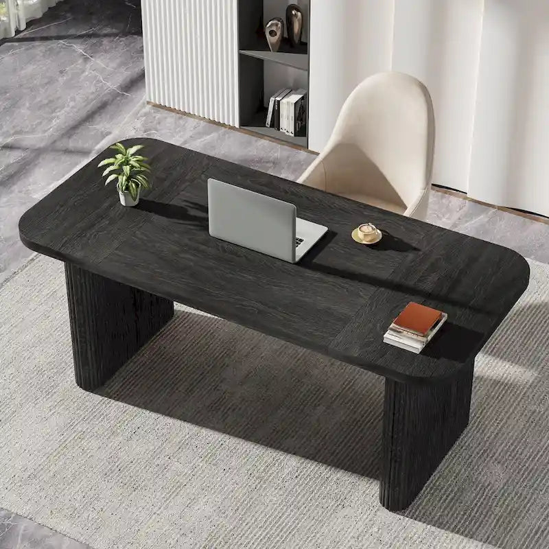 Bureau de direction 160 cm en bois composite naturel/marron avec étagère inférieure et patins – Simple
