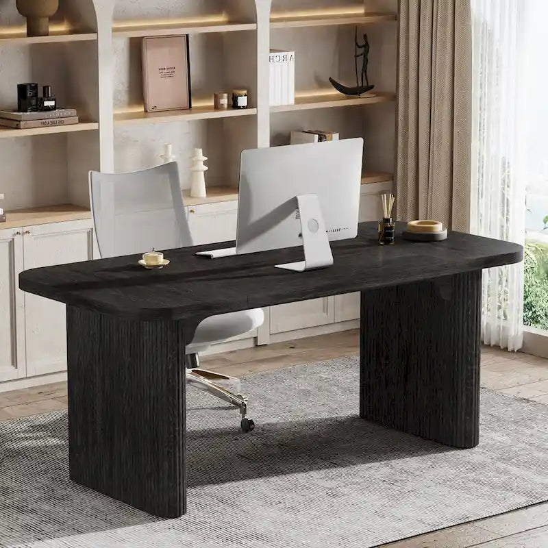 Bureau de direction 160 cm en bois composite naturel/marron avec étagère inférieure et patins – Simple