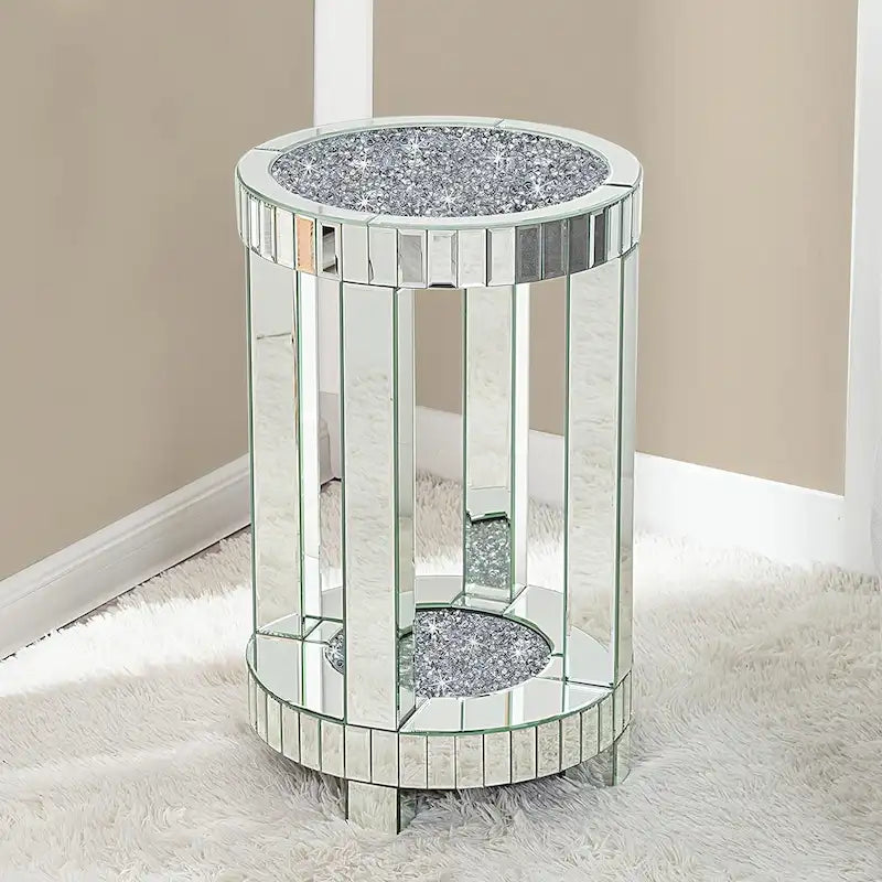 Table d'appoint ronde miroir avec diamants écrasés argentés et base en MDF – Simple