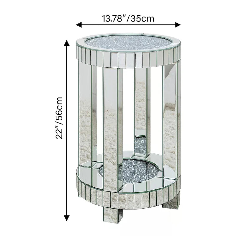 Table d'appoint ronde miroir avec diamants écrasés argentés et base en MDF – Simple
