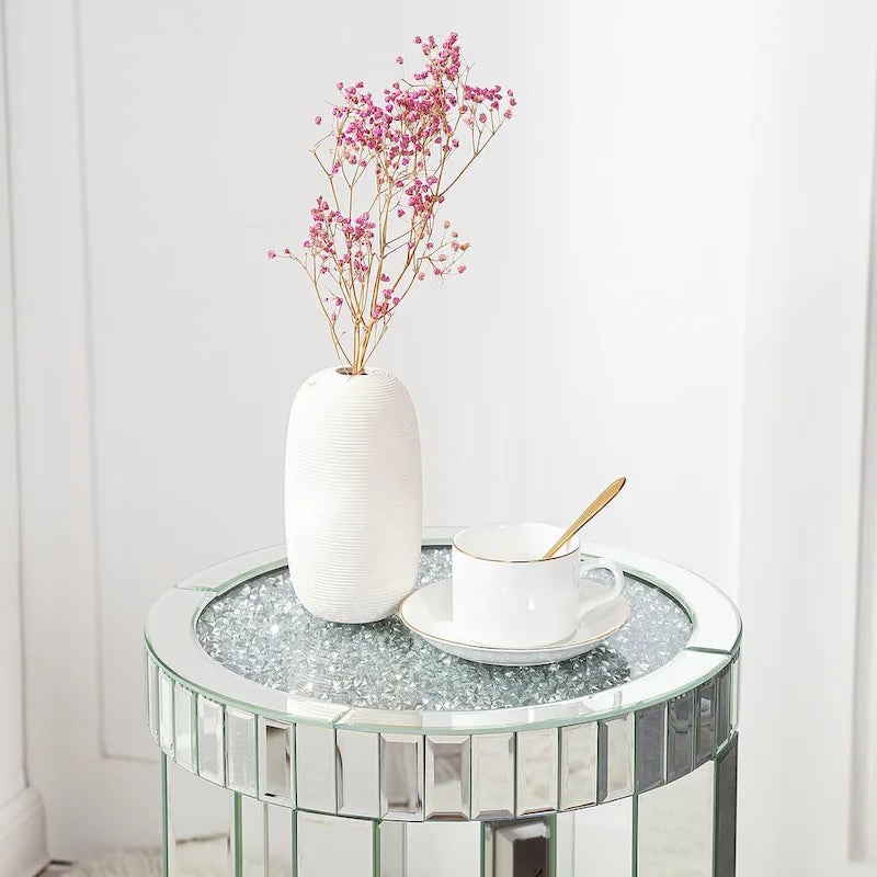 Table d'appoint ronde miroir avec diamants écrasés argentés et base en MDF – Simple