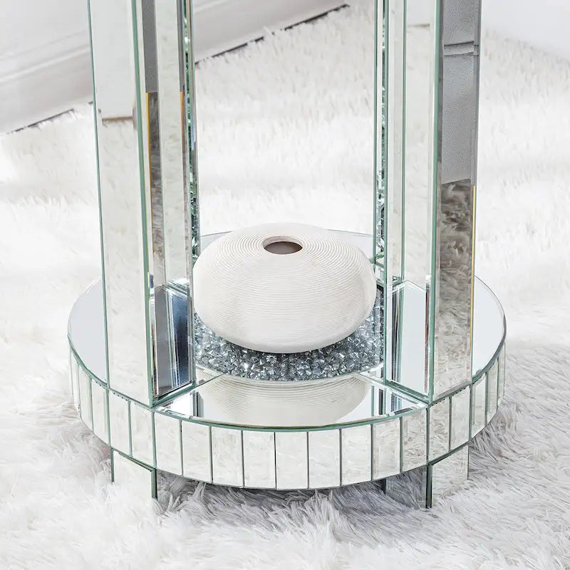 Table d'appoint ronde miroir avec diamants écrasés argentés et base en MDF – Simple