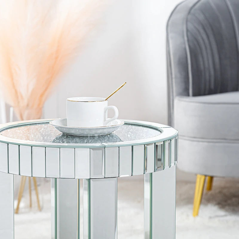 Table d'appoint ronde miroir avec diamants écrasés argentés et base en MDF – Simple