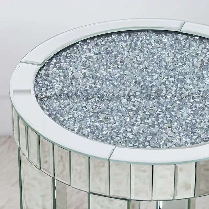 Table d'appoint ronde miroir avec diamants écrasés argentés et base en MDF – Simple