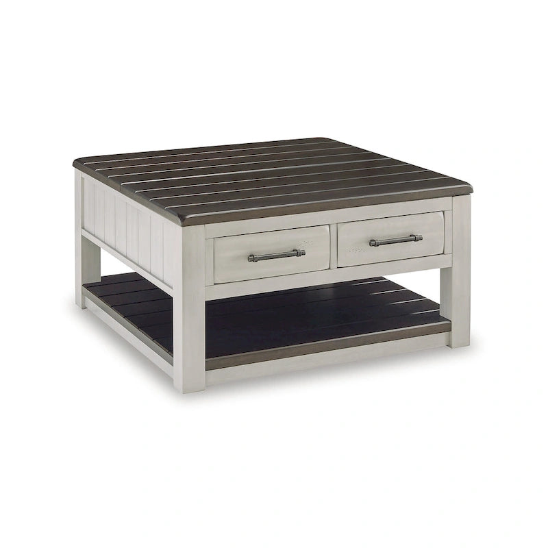 Table basse relevable bicolore gris/marron avec 2 tiroirs, roulettes et étagère ouverte – Simple