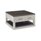 Table basse relevable bicolore gris/marron avec 2 tiroirs, roulettes et étagère ouverte – Simple
