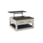 Table basse relevable bicolore gris/marron avec 2 tiroirs, roulettes et étagère ouverte – Simple